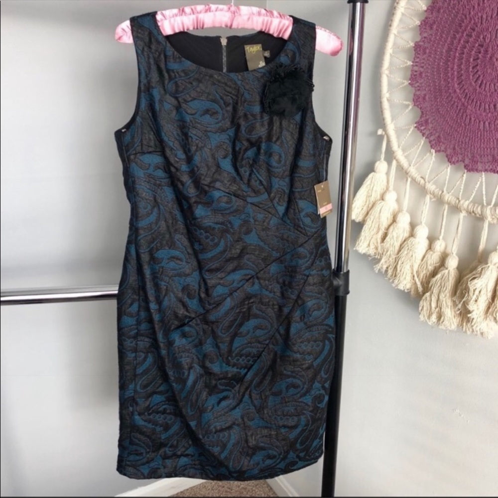Taylor Blue And Black Jacquard Dress Size 10 New
